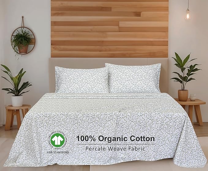 RUVANTI 100% Organic Cotton Sheets Twin Size, Percale Weave, GOTS Certified, 3-Piece Set, Deep Pocket 15", Crisp & Breathable, Soft Durable Bedding, Sábanas Algodón Orgánico – Floral Rush