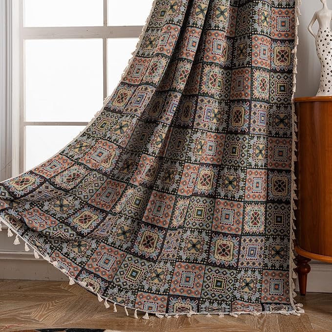 ENJOYBRIDAL Patchwork 84 Inch Curtains for Bedroom Living Room Drapes Jacquard Bohemian Semi Sheer Floor Length Window Curtains 2 Panel Sets Vintage Geometric Black Rod Pocket Boho Window Treatments