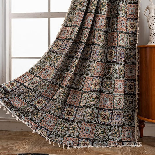 ENJOYBRIDAL Patchwork 84 Inch Curtains for Bedroom Living Room Drapes Jacquard Bohemian Semi Sheer Floor Length Window Curtains 2 Panel Sets Vintage Geometric Black Rod Pocket Boho Window Treatments
