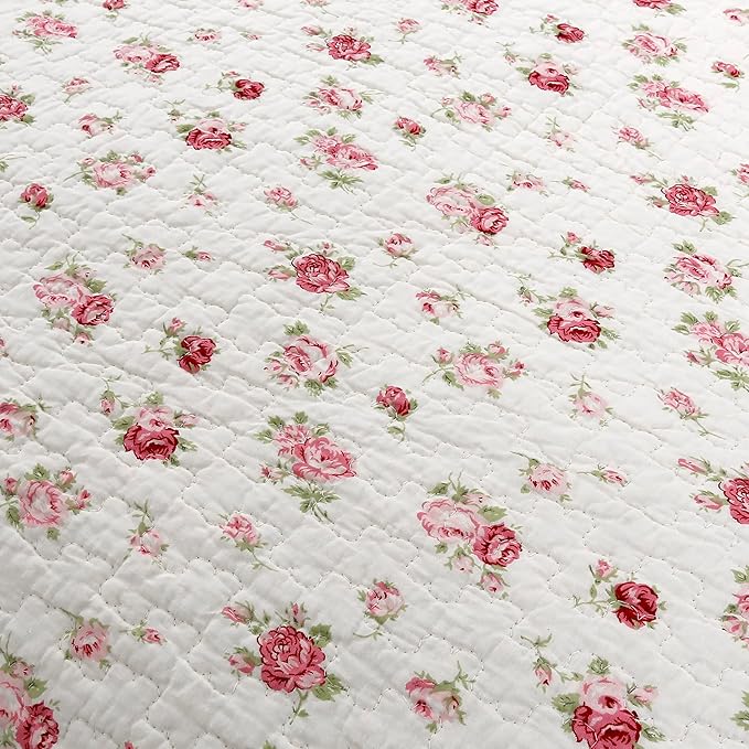 Cozy Line Home Fashions Pink Rose Garden Floral 100% Cotton Reversible Coverlet Bedspread Quilt Bedding Set (Ivory Rose, Queen - 3 Piece)