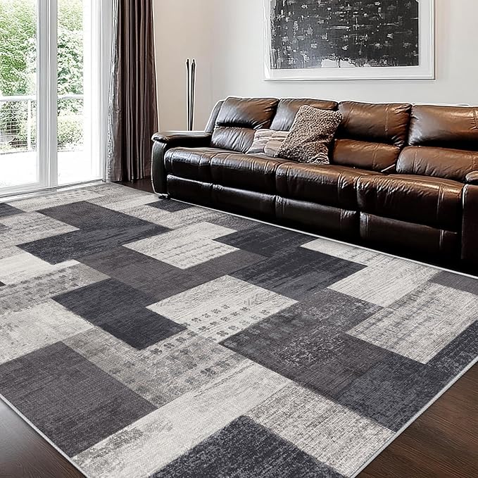 Modern Geometric Patchwork Indoor Area Rug for Living Room, Charcoal 9'x 12' Large Rug Rockwood Collection Hardwood Floors Decor for Bedroom, Grey Throw Carpet for Office Entryway Dining Room