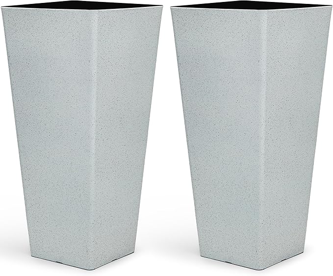 28" Plant Pots Tall Planters for Plants Outdoor Large Set of 2 Plastic Flower Pots Tapered Plant Containers Front Porch Decor for Garden, Patio, Deck, Indoor Terrazzo White