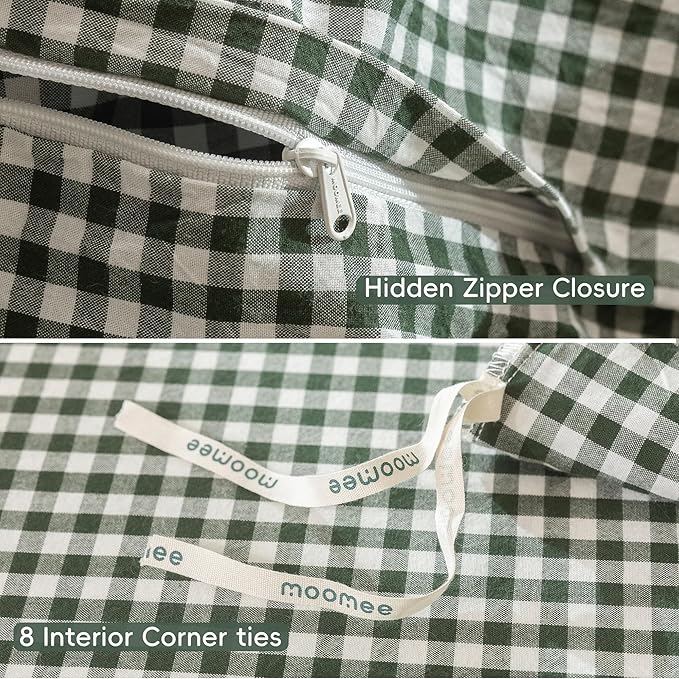 MooMee Gingham Duvet Cover Set 100% Washed Cotton Linen Like Textured Breathable Durable Soft Comfy Modern Checkered Design (Mini Gingham Forest Green, Cal King 104"x98")