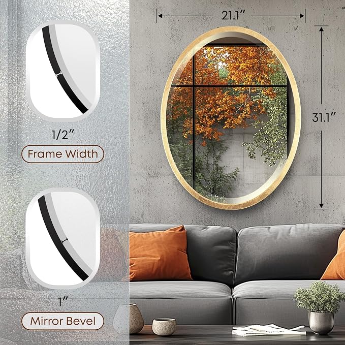 OVALCREST - Oval Wooden Beveled Wall Mirror for Home Decor, Bathroom, Vanity, Bedroom, Living Room, Hallway - London Style (Gold Leaf) 31.1 x 21.1