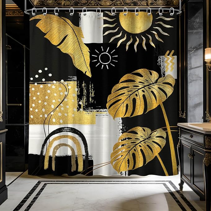 Black and Gold Mid Century Modern Shower Curtain Bohemian Abstract Dark Mens Shower Curtains for Bathroom Decor Sets, Waterproof Cloth Fabric with Hooks, 72x84 Inch