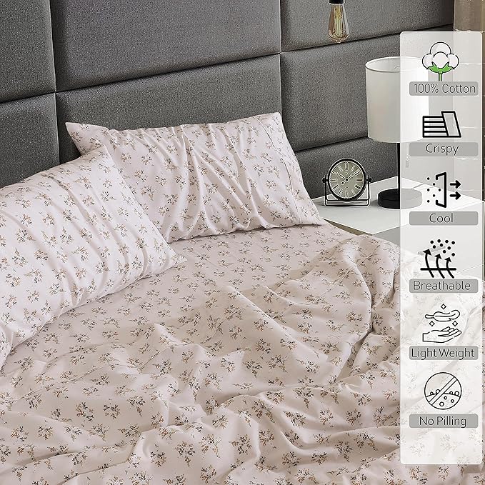 RUVANTI 100% Cotton King Size Sheets Set, 4 Pieces, Soft & Breathable Percale Weave Bedding, Deep Pocket 16", Hotel Standard, Crisp Cool Feel, Durable, Perfect Floral Bed Sheet, Twin Spring