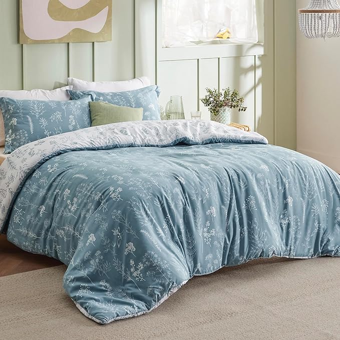 Bedsure Duvet Cover Queen Size - Reversible Mineral Blue Queen Duvet Cover Set with Zipper Closure, 3 Pieces Floral Patterned Bedding Set with 8 Corner Ties and 2 Pillow Shams