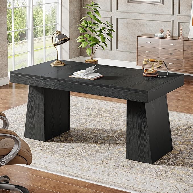 Tribesigns 55 Inches Executive Desk, Mid-Century Modern Home Office Desk, Wood Computer Desk Business Workstation Desk Small Conference Table, Black