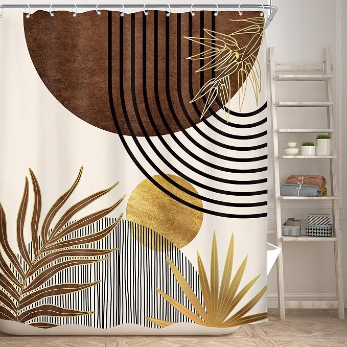 KOMLLEX Mid Century Boho Shower Curtain for Bathroom Decor 60Wx72H Inches Abstract Modern Sun Minimalist Arch Golden Leaves Art Line Geometric Aesthetic Fabric Waterproof Polyester 12 Pack Hooks