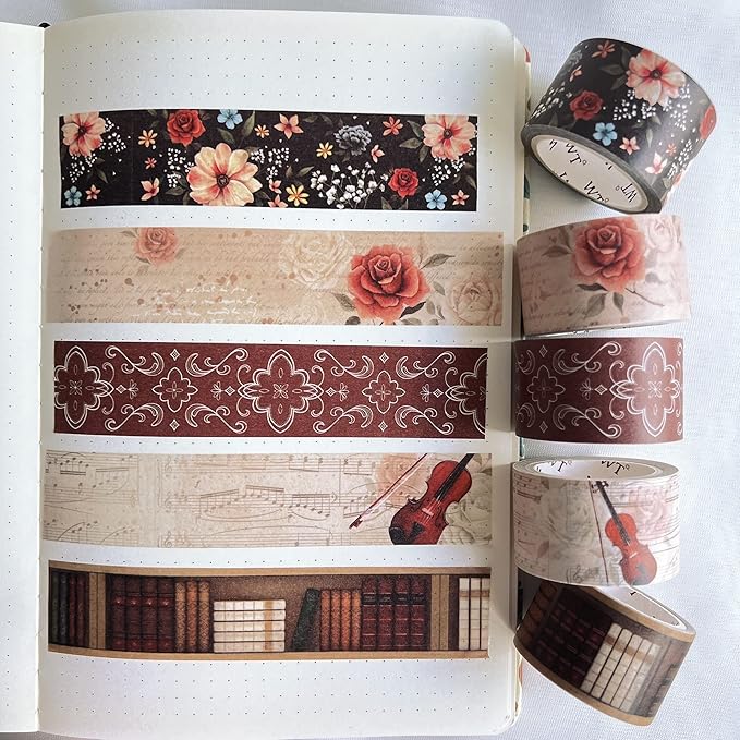 WT Academia Washi Tape Set, 5 Rolls, Original Designs, Vintage Floral Decorative Masking Tape, DIY Crafts, Bullet Journals, Planners, Scrapbooking, Journals Gifts, Adhesive Wrapping Tape, Paper Tape
