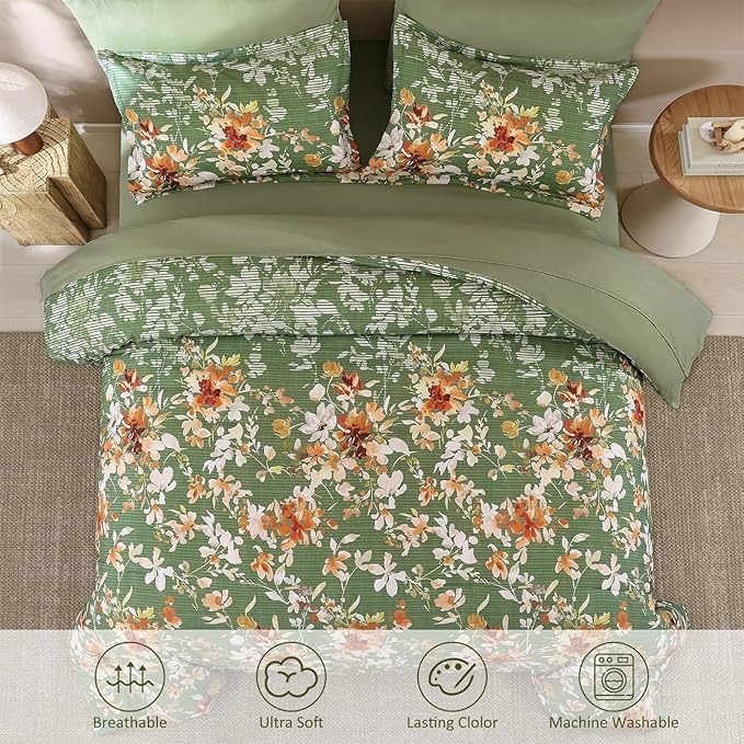 Dobuyly Queen Comforter Set, 7 Pieces Green Floral Comforter Set, Bed in a Bag Queen with Botanical Flowers Pattern, All Season Farmhouse Queen Size Bedding Set with Sheets, Pillowcases & Shams