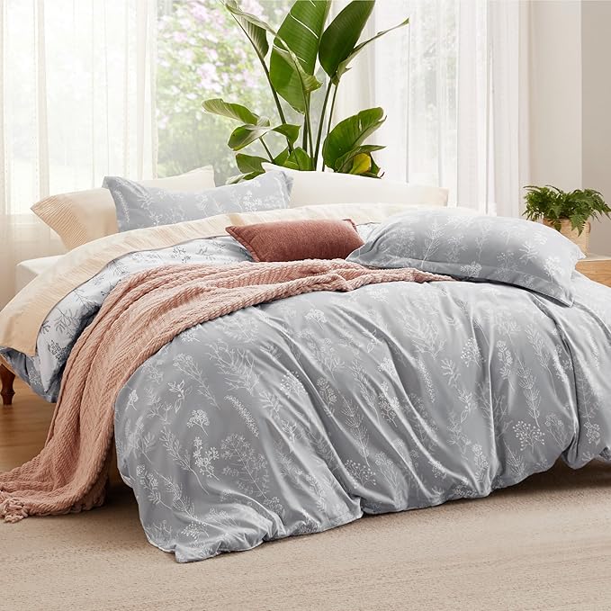 Bedsure Twin/Twin XL Duvet Cover - Reversible Grey Duvet Cover Set with Zipper Closure, 2 Pieces Cute Floral Patterned Bedding Set with 8 Corner Ties and 1 Pillow Sham