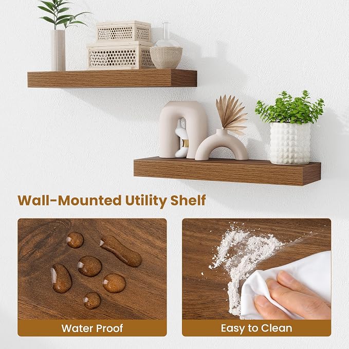 Fun Memories Floating Shelves Bathroom for Wall Mounted Shelves, 20 Inch Wood Shelf Set of 2, Home Storage & Display Decor, Walnut