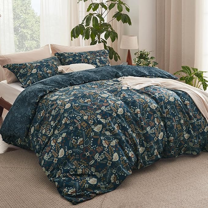 Bedsure Duvet Cover King Size - Reversible Floral Duvet Cover Set with Zipper Closure, 3 Pieces Navy Blue Bedding Set with 8 Corner Ties and 2 Pillow Shams 20"x36"