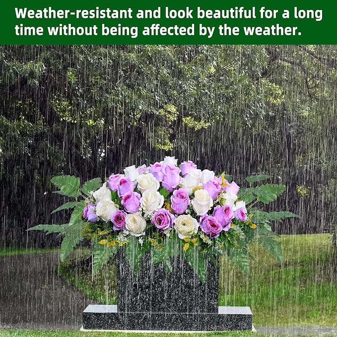 Artificial Cemetery Flower Saddles, Rose Headstone Flower Saddle Outdoor Grave Decorations,Cemetery Memorial Flowers with Vase for Grave Tombstone Decorations (Purple with white, Saddle)