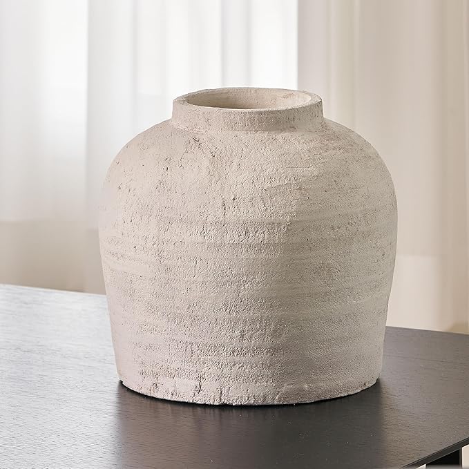 LB2 White Ceramic Large Vase, 11" Tall Zen Style vase, Terra Cotta Pitcher Vase, Distressed Farmhouse Decor, Pottery Decorative Flower for Home Decor (B - White 11")
