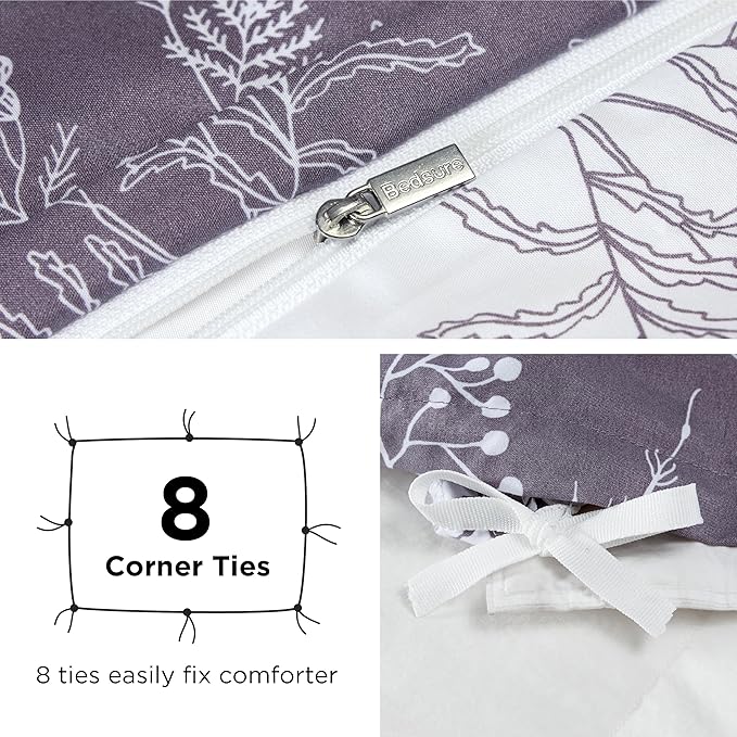 Bedsure Duvet Cover Queen Size - Reversible Grayish Purple Queen Duvet Cover Set with Zipper Closure, 3 Pieces Cute Floral Patterned Bedding Set with 8 Corner Ties and 2 Pillow Shams