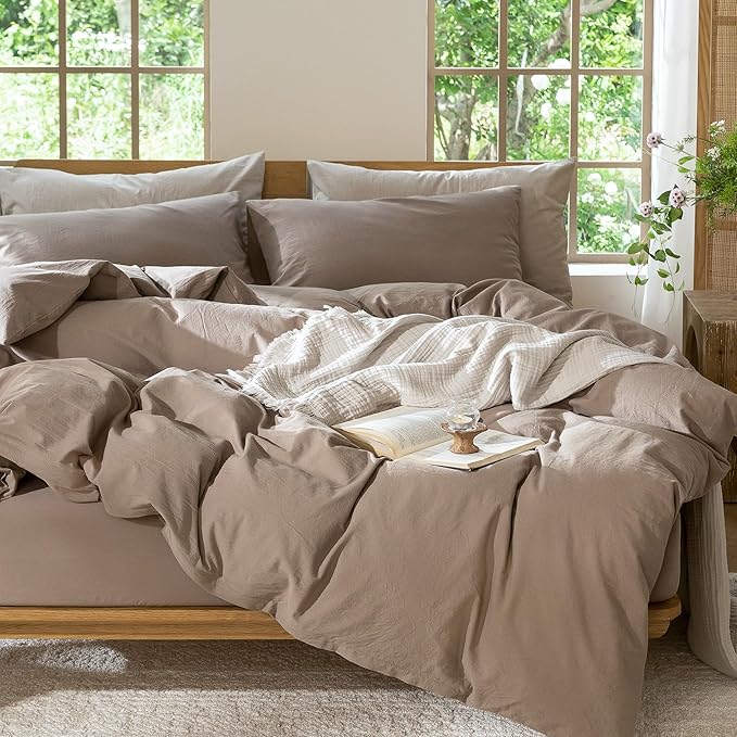 MooMee Bedding Duvet Cover Set 100% Washed Cotton Linen Like Textured Breathable Durable Soft Comfy (Solid Brown, Cal King 104"x98")