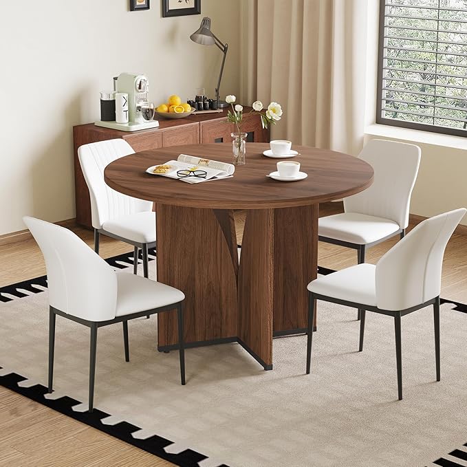 HIPIHOM Modern Round Dining Table Set for 2, 39.4" Walnut Kitchen Table with 2 PU Leather Chairs, 3-Piece Mid-Century Dining Room Set for Small Spaces, Pedestal Base & Ergonomic Padded Chairs