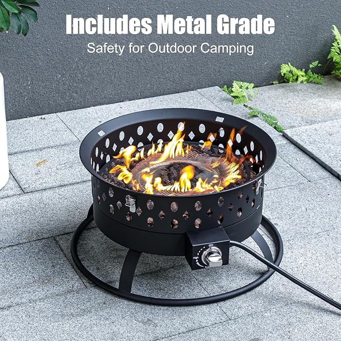 Verdeluxe 22 Inch Portable Propane Fire Pit,Gas Fire Pit for Outside with Lid & Handle, Smokeless Gas Firepit Bowl with Lava Rocks,Outdoor Propane Firepits for Camping,Patio,Yard,Bonfire.(Black)