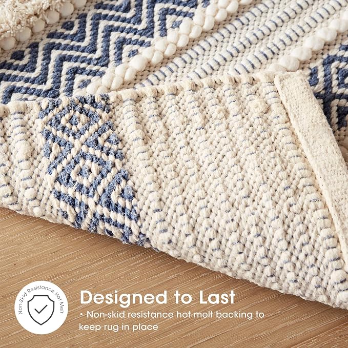 Ink+Ivy Bath Rug Hand-Woven Texture Shaggy Striped Soft & Water Absorbent, Boho Bathroom Décor Bath-Mats, Non-Slip Absorbent Quick Dry Mats for Tub, Shower Room, Asher, 22x58, Navy 1 Piece