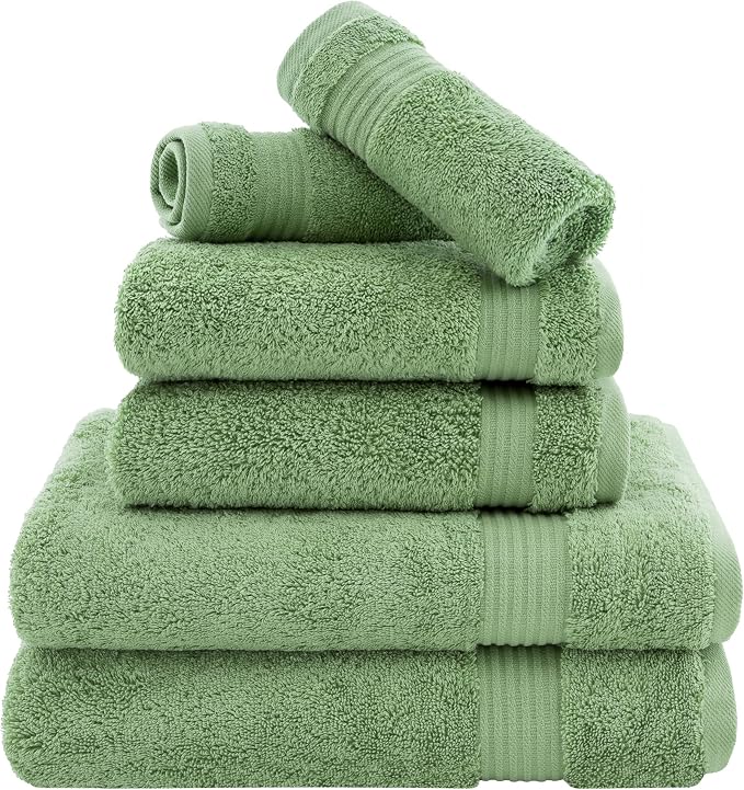 Cotton Paradise Towel Set of 6, 2 Bath Towels, 2 Hand Towels and 2 Washcloths Towels for Bathroom Sets, Green