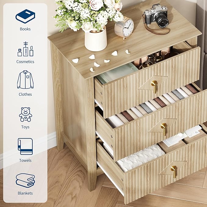 GarveeHome 2Pcs Wood Nightstand Fluted Dresser for Bedroom, 27.5" Wide 3-Drawer Bedside Tables, Modern Chest of Drawers, Storage End Table Living Room, Hallway, Entryway, Natural Oak