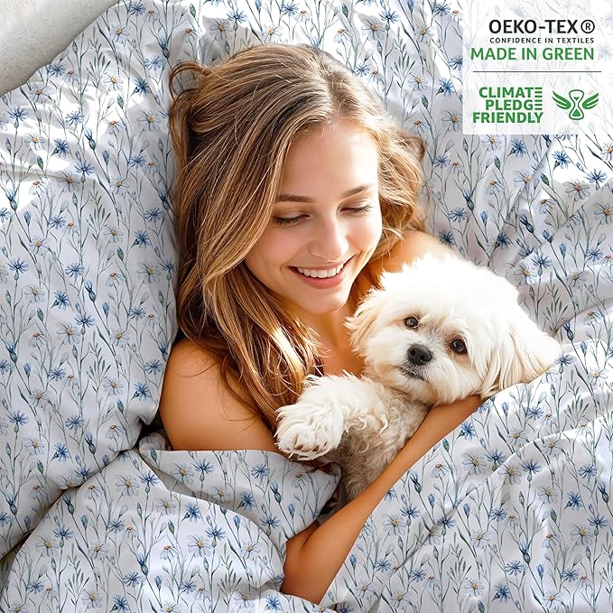 RUVANTI 100% Organic Cotton Sheets Twin Size, Percale Weave, GOTS Certified, 3-Piece Set, Deep Pocket 15", Crisp & Breathable, Soft Durable Bedding, Sábanas Algodón Orgánico – Daisy Bud