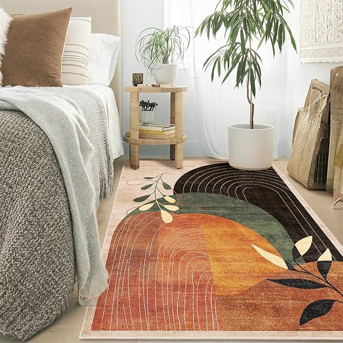 MUJOO 3x5 Washable Rugs,Boho Large Area Rug for Entryway Kitchen Entry Bedroom Bedside Foyer,Small Throw Carpet Indoor Non Slip Mid Century Modern Abstract Botanical Geometric Accent Terracotta