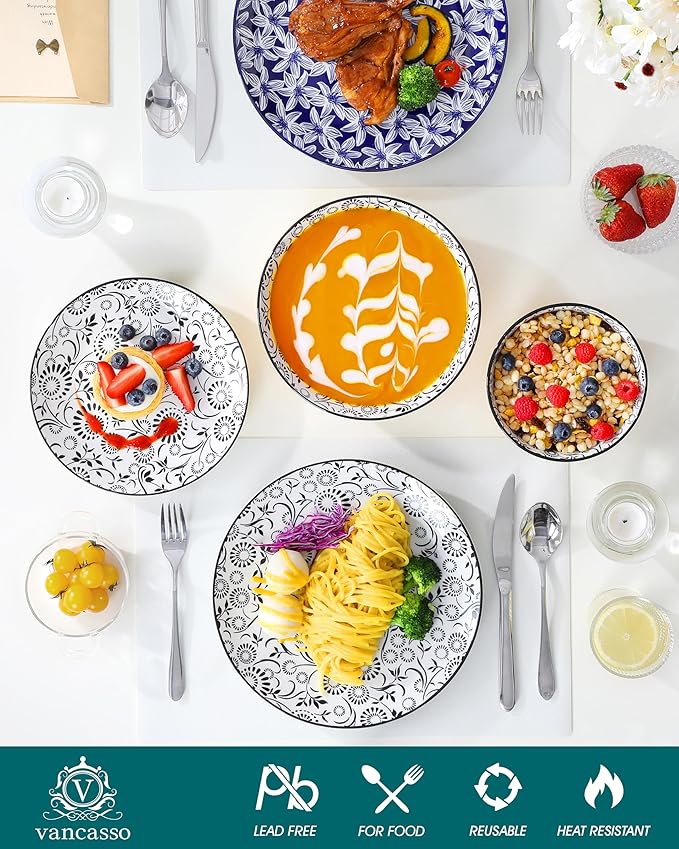 vancasso SELENE Plates and Bowls Set for 6, 24 Pieces Dinnerware Sets, Mircowave and Dishwasher Safe Dishes Set, Porcelain Muted Dinnerware
