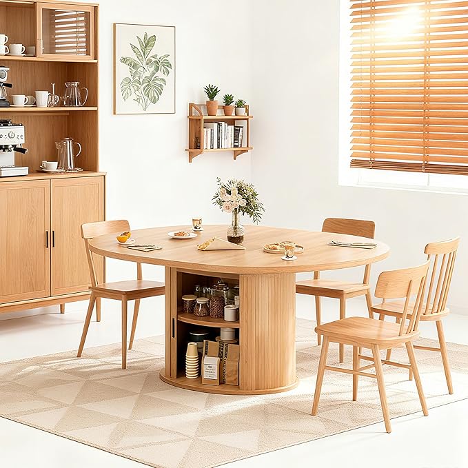 Wildhome Extendable Round Dining Table for 2-4-6, 63 Inch Dining Room Kitchen Table with 2-Tier Storage Shelf, Modern Farmhouse Fluted Wood Slide Door Dinner Furniture,Oval Circle (Oak-63 Inch)