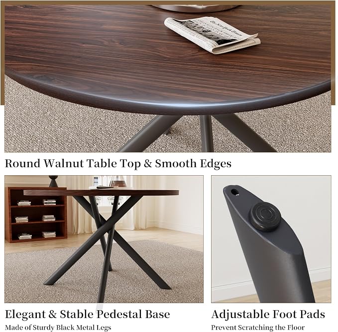 HIPIHOM 45.3 Inch Round Dining Table Set for 4, Mid Century Modern MDF Coffee Set for Dining Room Kitchen Apartment (Dark Walnut Table + 4 U-Shaped Black Chairs)