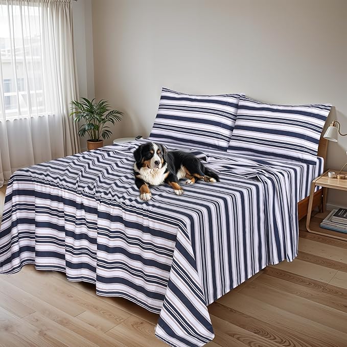 RUVANTI Flannel Sheets Full Size - 100% Cotton Double Brushed Bed Sheets Set, Deep Pockets 16 Inches, All Seasons Breathable & Extra Soft Full Sheets, Warm & Cozy, 4 Piece, Maritime Stripe