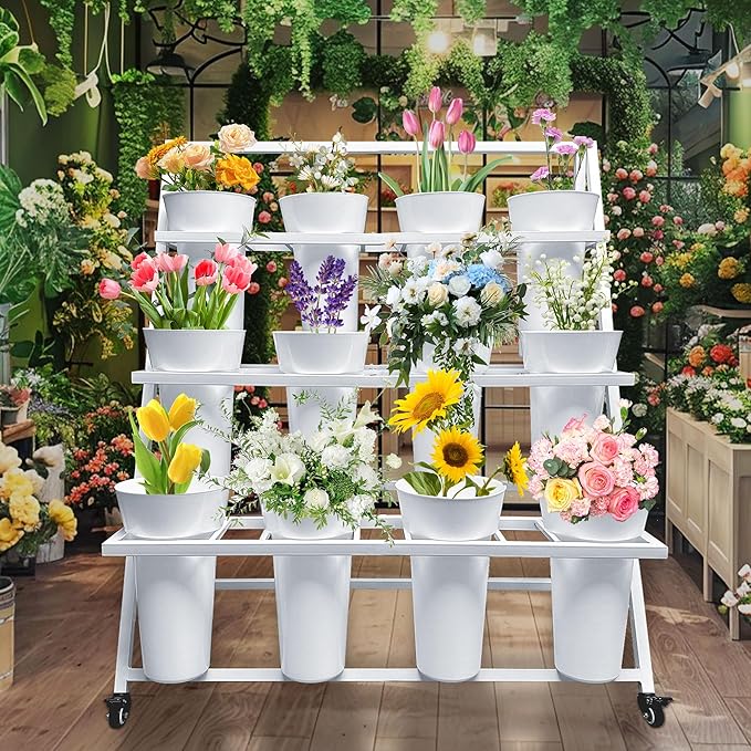 PROLEE Flower Display Stand with 12 Buckets, Flower Cart 3 Layers, Flower Stand Metal with Wheels, Moving Florist Bouquet Shelf, Triangular Rack, White