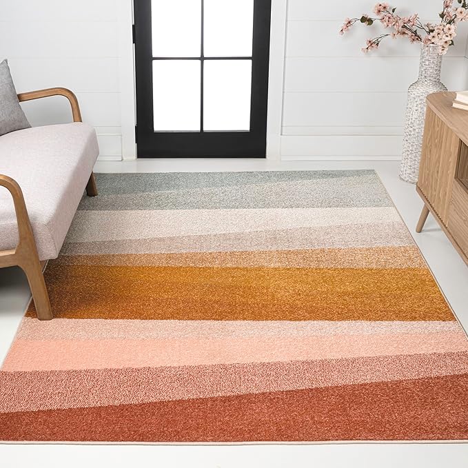 JONATHAN Y Prism Geometric Striped Indoor Area Rug 8x10, Red/Yellow/Gray, Modern, Coastal, Easy-Cleaning for Living Room, Bedroom, Kitchen, Pet Friendly, Non-Shedding (DZC101B-8)