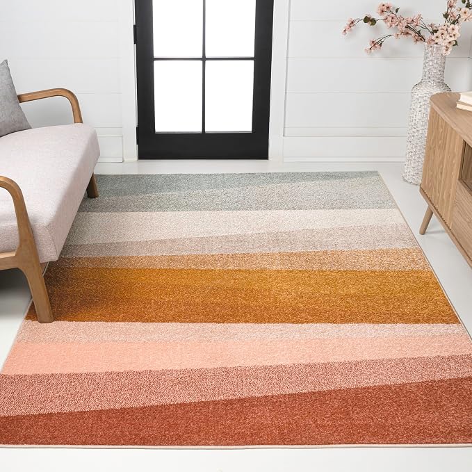 JONATHAN Y Prism Geometric Striped Indoor Area Rug 5x8, Red/Yellow/Gray, Modern, Coastal, Easy-Cleaning for Living Room, Bedroom, Kitchen, Pet Friendly, Non-Shedding (DZC101B-5)