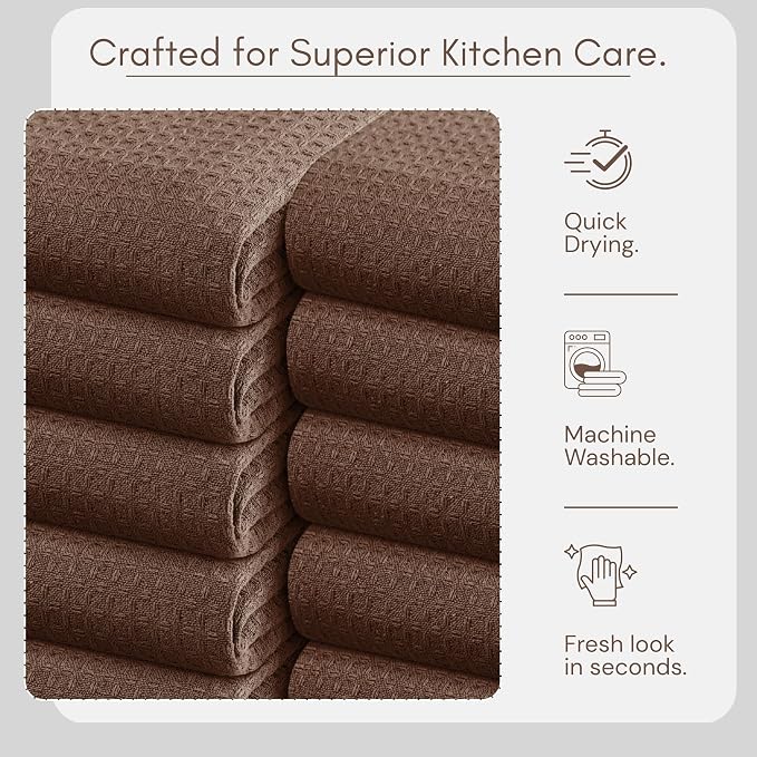 TWINY threads Dish Towel Waffle Texture, Pack of 4, 16x26 Inches, Large 100% Cotton Kitchen Linen Set, Absorbent Cloths for Drying Dishes and Cookware, Quick Drying, Machine Washable, Brown