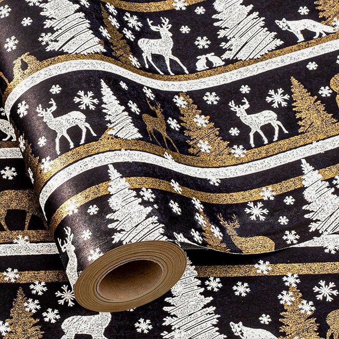 Yarcony Kraft Christmas Wrapping Paper, Black Wrapping Paper, Luxury Faux Sparkle Christmas Trees Reindeer Snowflake Duty Heavy Kraft Gift Wrap for Holidays, Winter Solstice (17 Inch X 33 Feet)