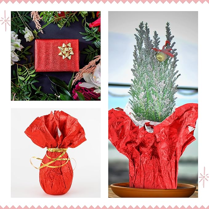 10 PCS Foil Wrap for Potted Plant, 19.7×19.7 inches Red Floral Foil Plant Pot Covers, Matte Texture Wrapping Paper for Christmas Plant Pot, Foil Wrapping Paper for DIY Christmas Flower Pot (Red)
