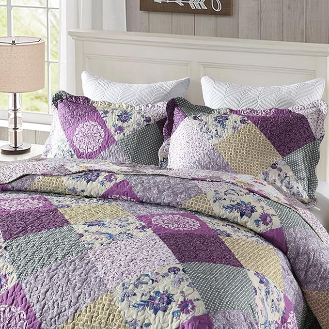 HoneiLife Quilt Set King Size - 3 Piece Microfiber Quilts Reversible Bedspreads Patchwork Coverlets Floral Bedding Set All Season Quilts- Late Spring,King