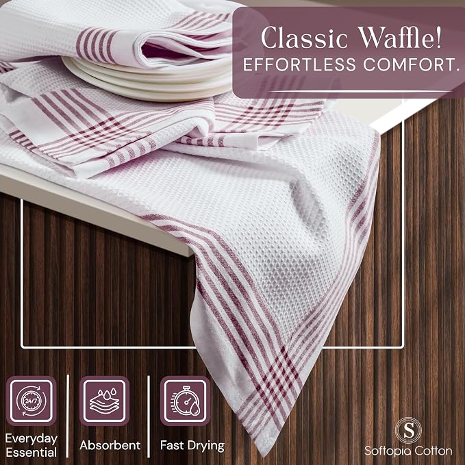 Waffle White & Burgundy Wine Dish Towels Set of 4, 100% Cotton, 16x26 inches, Reusable Cleaning Cloths for Drying Dishes, Quick Dry Kitchen Towel, Durable for Heavy-Duty Use