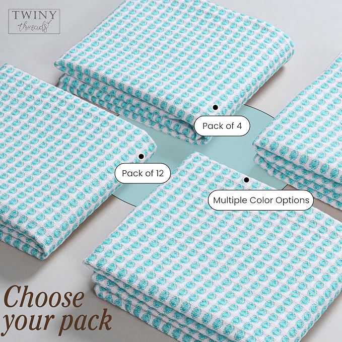 TWINY threads Circle Waffle Dish Towels 4 Pack, 16x26 Inches, 100% Cotton, Soft, Absorbent, Quick Dry, Everyday Wash Rags, Suitable for Glass Cleaning, Drying Dishes, Kitchen Essentials, Water Blue