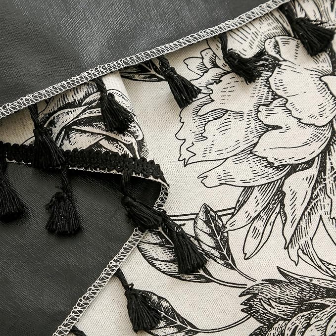 100% Blackout Black Floral Farmhouse Curtains Living Room Thermal Insulated Drapes Elegant Peony Pattern & Tassel Curtains 2 Panels Blocking Curtains for Windows Floral Drapes (52W*96L)