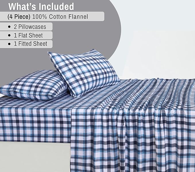 RUVANTI Flannel Sheets King Size - 100% Cotton Brushed King Size Sheets Set - Deep Pockets 16 Inches Bed Sheets - All Seasons Breathable & Extra Soft - Warm & Cozy, 4 Piece, Gingham Addition