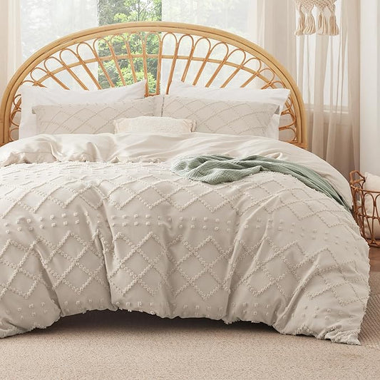Bedsure Boho Duvet Cover Queen Size with Fitted Sheet - Boho Bedding Comforter Set, 4 Pieces, Includes 1 Duvet Cover 90"x90" with Zipper Closure, 2 Pillow Shams, 1 Fitted Sheet, Beige