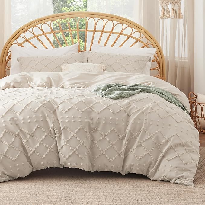 Bedsure Boho Duvet Cover King Size with Fitted Sheet - Boho Bedding Comforter Set, 4 Pieces, Includes 1 Duvet Cover 104"x90" with Zipper Closure, 2 Pillow Shams, 1 Fitted Sheet, Beige