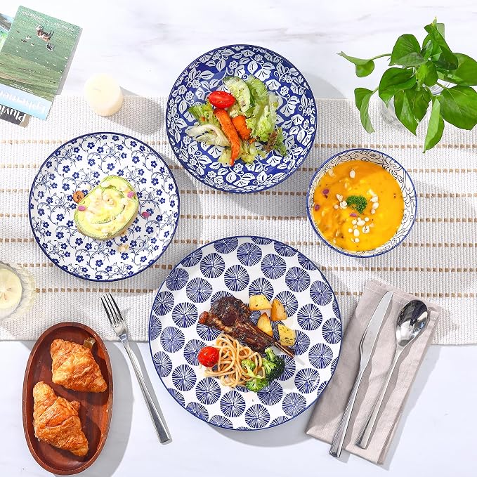 Selamica Ceramic Plates and Bowls Sets,24 Pieces Dinnerware Sets for 6,Scratch Resistant Dish Set for holiday gathering, Dishwasher & Microwave Safe, Vintage Blue