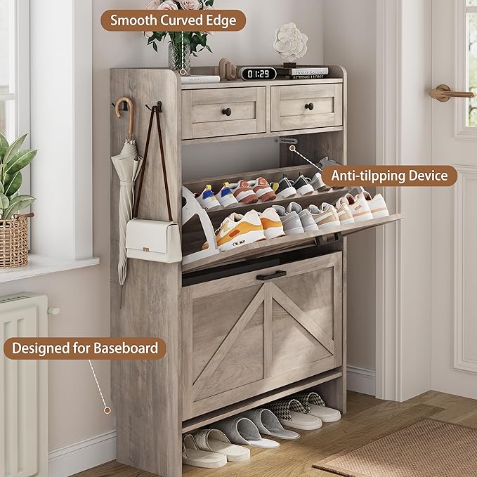 Shoe Cabinet with 2 Flip Drawers & 2 Top Drawers, 43" Tall Freestanding Narrow Wooden Shoe Storage Organizer for Entryway, Hidden Slim Shoe Rack for Front Door Entrance, Hallway, Living Room, Grey