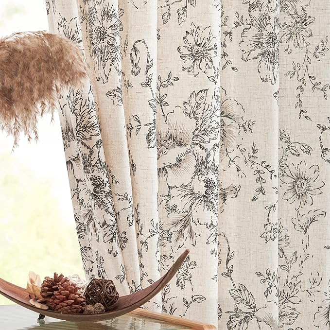 jinchan Linen Blend Curtain Floral Curtains for Living Room 108 Inch Length Black Printed Curtain Rod Pocket Back Tab Farmhouse Peony Flower Patterned Drapes Bedroom Window Curtains Set 2 Panels
