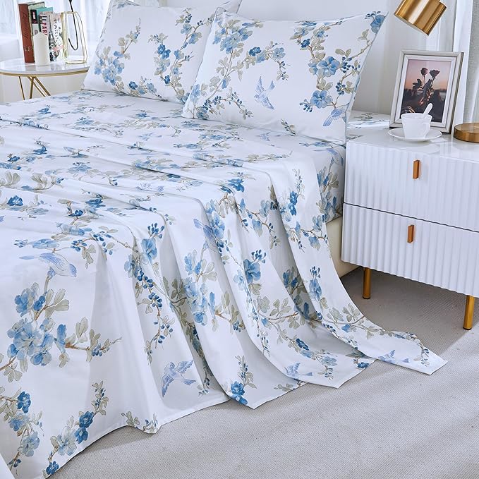 Brandream Queen Size Sheet Set Luxury Blossom Floral Birds Bedding Collections 800 Thread Count 100% Egyptian Cotton Deep Pocket, 4 Piece White Blue Botanical Branches Flower